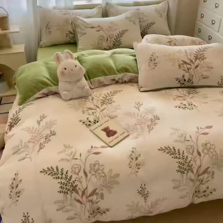 New Autumn-Winter Collection: Soft and Comfortable 4pcs Bedding Set with Plant Patter